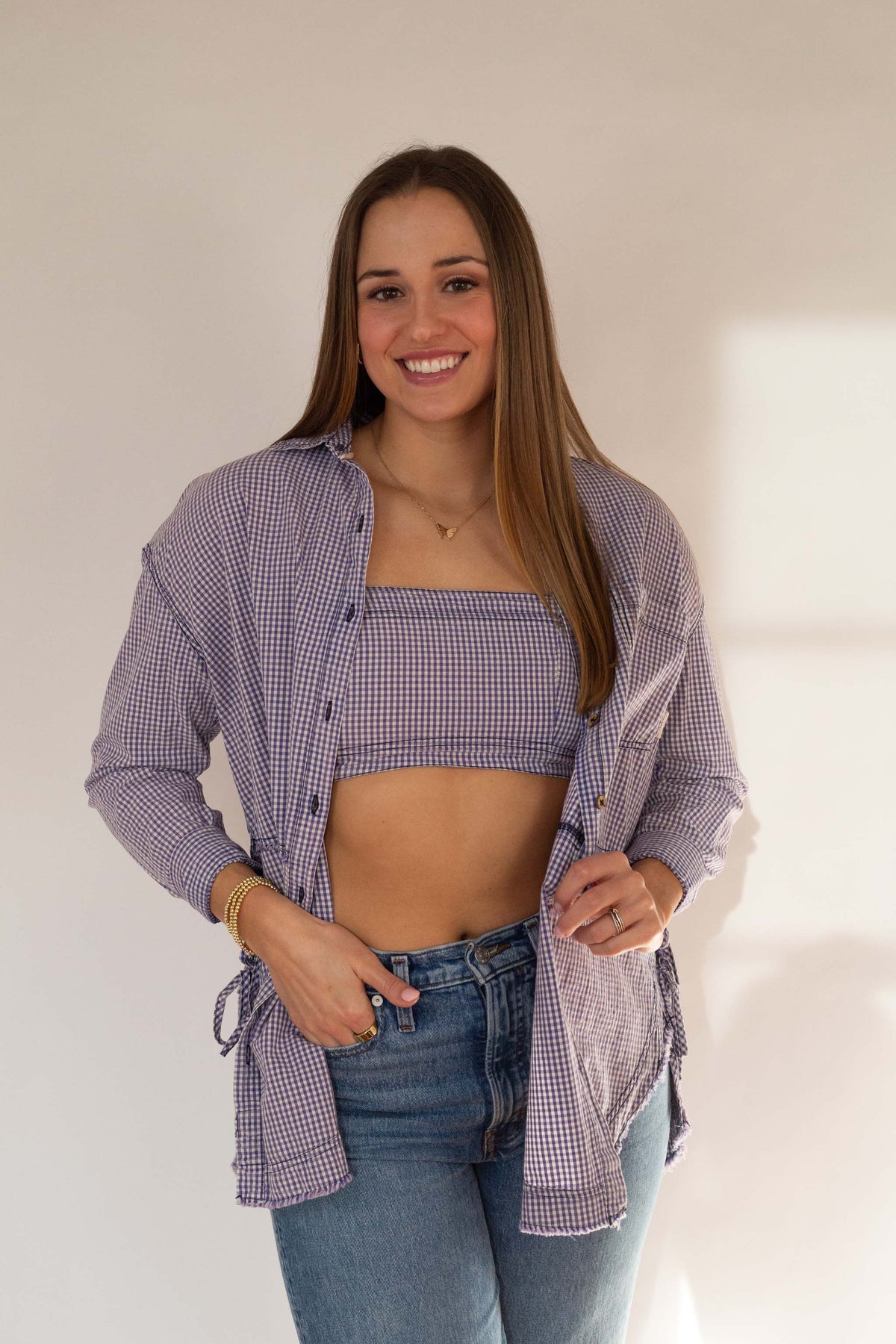 Free People Purple Gingham Button Down + Bralette