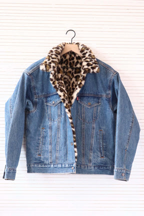 Denim and Faux Leopard Fur Jacket